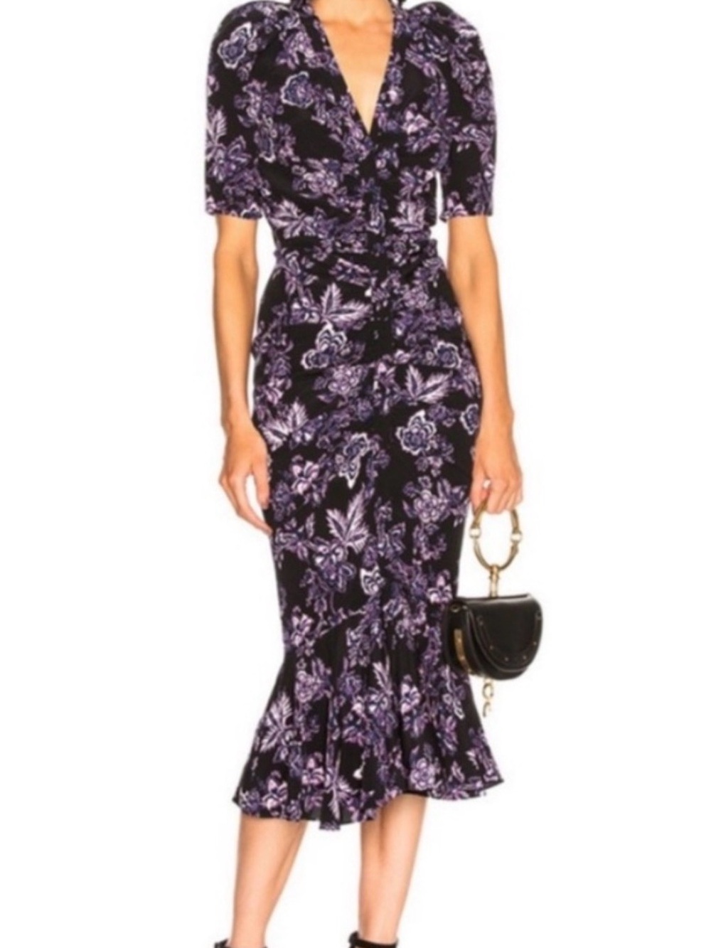 Veronica Beard Silk Black Blue Pink Midi Dress with Lavender Floral Pattern